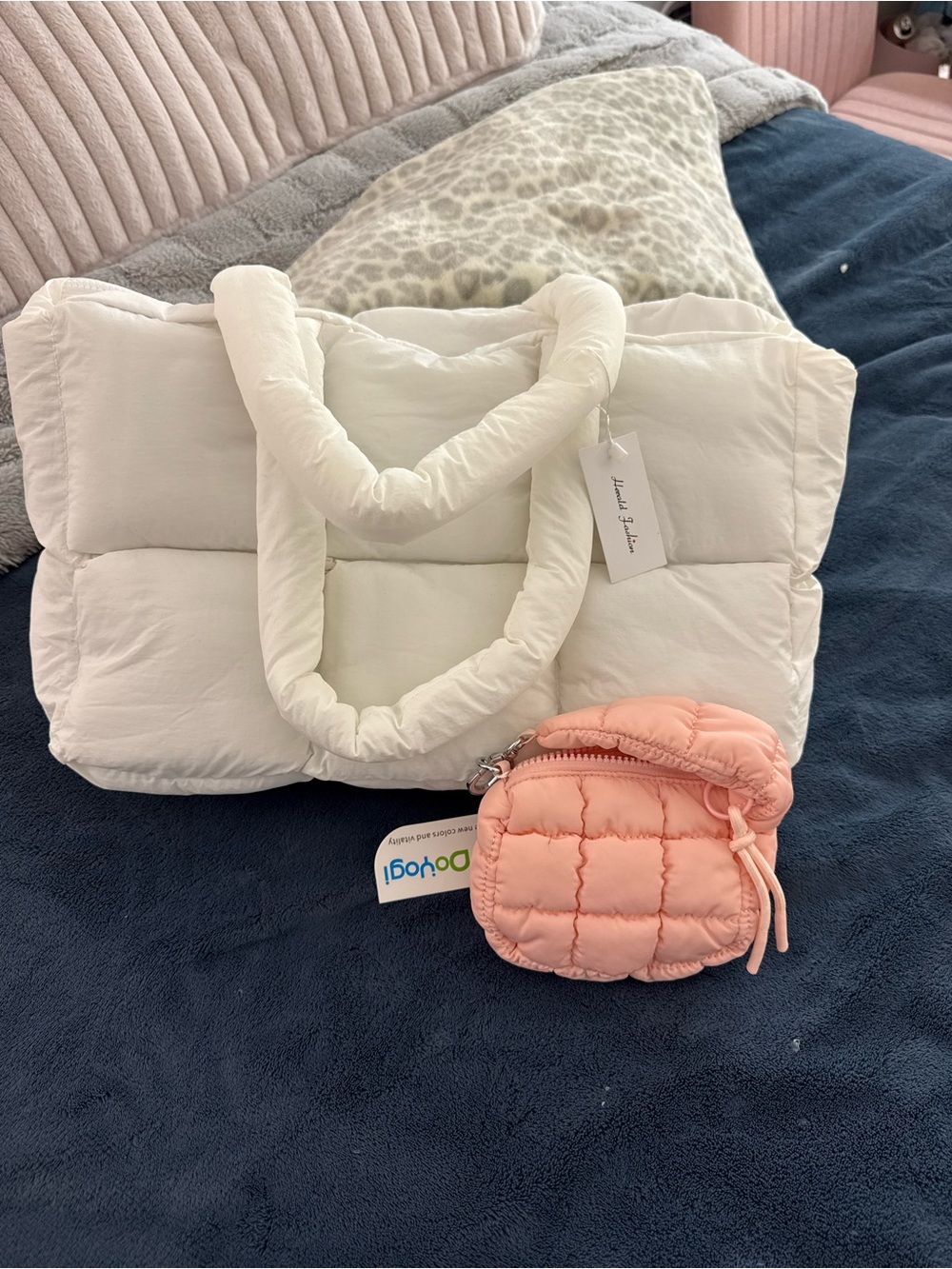 Puffy Tote Bag and Quilted Mini Pouch - White and Light Pink